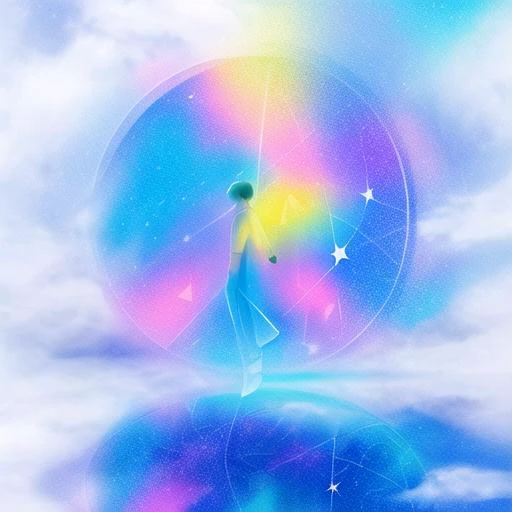 abstract illusstration, exaggerate body proportion 1 boy, walking in cloud gloden circle, colorful plaint, stars, fashion, front-view