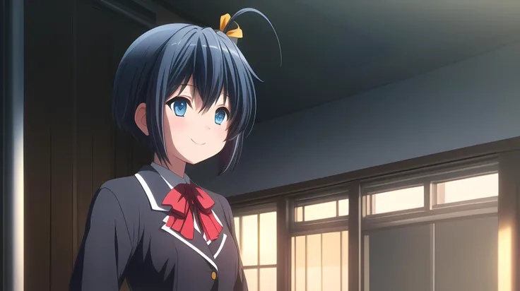 1girl, solo, no eyepatch, eyepatch remove, yellow eyes, blue eye, heterochroma, dark blue hair, yellow ribbon, standing, kyoto streets, buildings, school uniform, cute face, peace sign, smile, detailed face, detailed eyes, light bloom, ray light, blurred background, bright day, cute pose, full body, small breasts, hands on back, looking at camera, rule of third
(detailed light), (an extremely delicate and beautiful), volume light, best shadow,cinematic lighting, Depth of field, dynamic angle, Oily skin, ultra-detailed, highres,<lora:anime3d:0.5>, <lora:more_details:0.5>, <lora:Rikka_FB:1>