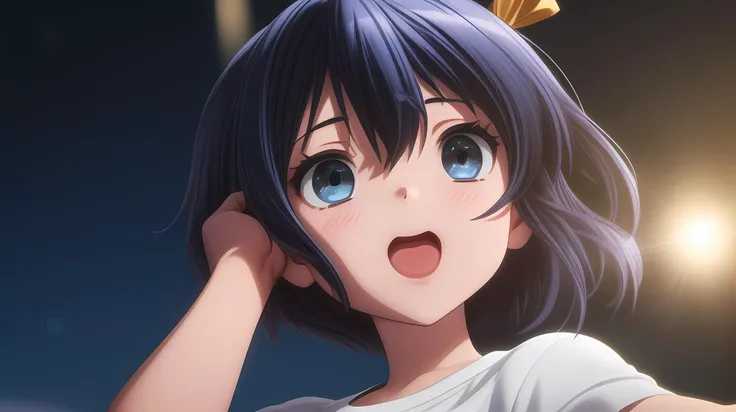 1girl, solo, no eyepatch, eyepatch remove, yellow eyes, blue eye, heterochroma, dark blue hair, yellow ribbon, standing, park, casual, t-shirt, cute face,laughing, open mouth, detailed face, detailed eyes, light bloom, ray light, blurred background, bokeh, night time, cute pose, full body, small breasts, hands on back, leaning to camera, rule of thirds
(detailed light), (an extremely delicate and beautiful), volume light, best shadow,cinematic lighting, Depth of field, dynamic angle, Oily skin, ultra-detailed, highres,<lora:anime3d:0.7>, <lora:more_details:0.7>, <lora:Rikka_FB:1>