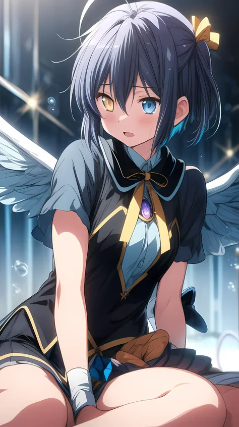 cowboy shot, simple background, bubbles, blue smoke, blue fire, blurred background,bokeh, optical flace, lens flare, ice,
<lora:Rikka_FB:1>, ph rikka, 1girl, yellow eyes, no eyepatch, eyepatch removed, heterochromia, blue eye, blue purple hair, short hair, perfect eyes: 1.4, ultra detailed:1.5, black outfit, white cape, yellow ribbon, open mouth, cute face, small breasts, magic circle, spell, cute pose, bandage, action, perfect body, blue fiery wings, wind, hair blown, sitting on ice block,
(detailed light), (an extremely delicate and beautiful), volume light, best shadow,cinematic lighting, Depth of field, dynamic angle, Oily skin, highres, masterpiece, <lora:more_details:0.5>