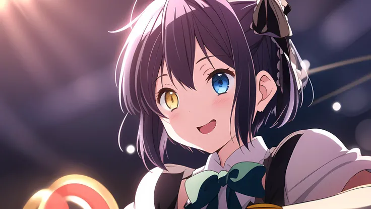 <lora:Rikka_FB:1> ph rikka, 1girl, yellow eyes, heterochromia, no eyepatch, eyepatch removed, cute face, bow, looking at viewer, top angle, full body, from head to toe, belly, small breasts, short hair, blue hair, blue eye, yellow ribbon, blurry background, light bloom, ray light, city night background, bokeh, school uniform, detailed eye, evil laugh, gloves
(detailed light), (an extremely delicate and beautiful), volume light, best shadow,cinematic lighting, Depth of field, dynamic angle, Oily skin, ultra-detailed, highres