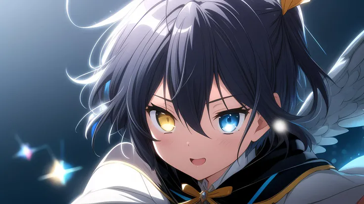 cowboy shot, simple background, bubbles, blue smoke, blue fire, blurred background,bokeh, optical flace, lens flare, ice,
 <lora:Rikka_FB:1>, ph rikka, 1girl, yellow eyes, no eyepatch, eyepatch removed, heterochromia, blue eye, blue purple hair, short hair, perfect eyes: 1.4, ultra detailed:1.5, black outfit, white cape, yellow ribbon, open mouth, evil smile, small breasts, magic circle, spell, badass pose, cool pose, bandage, action, perfect body, blue fiery wings, wind, hair blown, (looking up, close up, portrait, focus on face),
(detailed light), (an extremely delicate and beautiful), volume light, best shadow,cinematic lighting, Depth of field, dynamic angle, Oily skin, highres, masterpiece,  <lora:more_details:0.5>