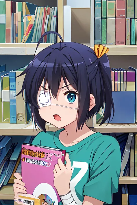 <lora:Rikka_FB:1>, ph rikka, 1girl, solo, bookshelf, book, bandages, :o, open mouth, jacket, shirt, clothes writing, t-shirt, v-shaped eyebrows, cosplay, parody, looking at viewer, open clothes, casual, television, indoors, aqua eyes