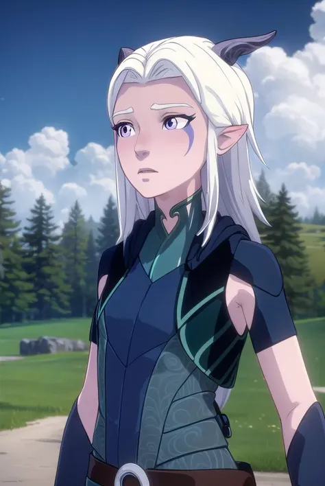 rayla, <lora:raylav2-lora-nochekaiser:1>,
rayla, long hair, white hair, horns, pointy ears, (purple eyes:1.1),
BREAK boots, belt, bodysuit,
BREAK outdoors, nature, forest, cloud, sky, sun, day,
BREAK looking at viewer, (cowboy shot:1.5),
BREAK <lyco:GoodHands-beta2:1>, (masterpiece:1.2), best quality, high resolution, unity 8k wallpaper, (illustration:0.8), (beautiful detailed eyes:1.6), extremely detailed face, perfect lighting, extremely detailed CG, (perfect hands, perfect anatomy),