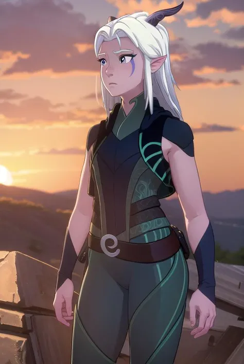 rayla, <lora:raylav2-lora-nochekaiser:1>,
rayla, long hair, white hair, horns, pointy ears, (purple eyes:1.1),
BREAK boots, belt, bodysuit,
BREAK outdoors, nature, forest, cloud, sky, sun, day,
BREAK looking at viewer, (cowboy shot:1.5),
BREAK <lyco:GoodHands-beta2:1>, (masterpiece:1.2), best quality, high resolution, unity 8k wallpaper, (illustration:0.8), (beautiful detailed eyes:1.6), extremely detailed face, perfect lighting, extremely detailed CG, (perfect hands, perfect anatomy),