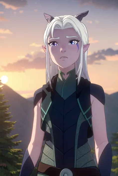 rayla, <lora:raylav2-lora-nochekaiser:1>,
rayla, long hair, white hair, horns, pointy ears, (purple eyes:1.1),
BREAK boots, belt, bodysuit,
BREAK outdoors, nature, forest, cloud, sky, sun, day,
BREAK looking at viewer, (cowboy shot:1.5),
BREAK <lyco:GoodHands-beta2:1>, (masterpiece:1.2), best quality, high resolution, unity 8k wallpaper, (illustration:0.8), (beautiful detailed eyes:1.6), extremely detailed face, perfect lighting, extremely detailed CG, (perfect hands, perfect anatomy),