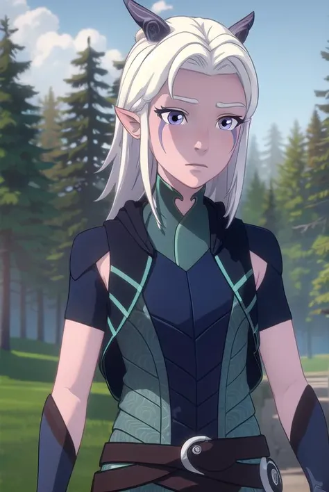 rayla, <lora:raylav2-lora-nochekaiser:1>,
rayla, long hair, white hair, horns, pointy ears, (purple eyes:1.1),
BREAK boots, belt, bodysuit,
BREAK outdoors, nature, forest, cloud, sky, sun, day,
BREAK looking at viewer, (cowboy shot:1.5),
BREAK <lyco:GoodHands-beta2:1>, (masterpiece:1.2), best quality, high resolution, unity 8k wallpaper, (illustration:0.8), (beautiful detailed eyes:1.6), extremely detailed face, perfect lighting, extremely detailed CG, (perfect hands, perfect anatomy),