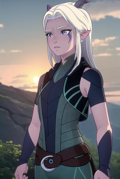 rayla, <lora:raylav2-lora-nochekaiser:1>,
rayla, long hair, white hair, horns, pointy ears, (purple eyes:1.1),
BREAK boots, belt, bodysuit,
BREAK outdoors, nature, forest, cloud, sky, sun, day,
BREAK looking at viewer, (cowboy shot:1.5),
BREAK <lyco:GoodHands-beta2:1>, (masterpiece:1.2), best quality, high resolution, unity 8k wallpaper, (illustration:0.8), (beautiful detailed eyes:1.6), extremely detailed face, perfect lighting, extremely detailed CG, (perfect hands, perfect anatomy),