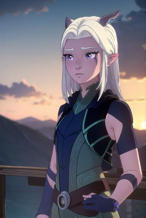 rayla, <lora:raylav2-lora-nochekaiser:1>,
rayla, long hair, white hair, horns, pointy ears, (purple eyes:1.1),
BREAK boots, belt, bodysuit,
BREAK outdoors, nature, forest, cloud, sky, sun, day,
BREAK looking at viewer, (cowboy shot:1.5),
BREAK <lyco:GoodHands-beta2:1>, (masterpiece:1.2), best quality, high resolution, unity 8k wallpaper, (illustration:0.8), (beautiful detailed eyes:1.6), extremely detailed face, perfect lighting, extremely detailed CG, (perfect hands, perfect anatomy),