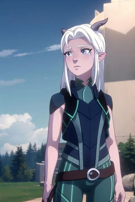 rayla, <lora:raylav2-lora-nochekaiser:1>,
rayla, long hair, white hair, horns, pointy ears, (purple eyes:1.1),
BREAK boots, belt, bodysuit,
BREAK outdoors, nature, forest, cloud, sky, sun, day,
BREAK looking at viewer, (cowboy shot:1.5),
BREAK <lyco:GoodHands-beta2:1>, (masterpiece:1.2), best quality, high resolution, unity 8k wallpaper, (illustration:0.8), (beautiful detailed eyes:1.6), extremely detailed face, perfect lighting, extremely detailed CG, (perfect hands, perfect anatomy),