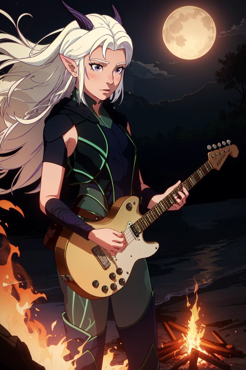 (masterpiece, best quality), intricate details,
1girl, <lora:raylav2-lora-nochekaiser:0.8> rayla, long hair, white hair, horns, pointy ears, (purple eyes:1.1),, boots, belt, bodysuit,
outdoors, beach, night, campfire, party, waves,
playing guitar, holding guitar,