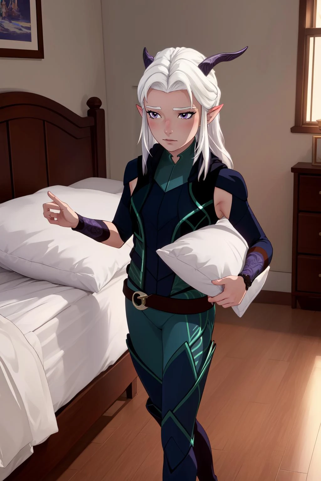 (masterpiece, best quality), intricate details,
1girl, <lora:raylav2-lora-nochekaiser:0.8> rayla, long hair, white hair, horns, pointy ears, (purple eyes:1.1),, boots, belt, bodysuit,
indoors, bedroom, bed,
<lora:ScaredToSleepAlone-10:0.8> scared to sleep alone , holding pillow, (pillow:1.2)