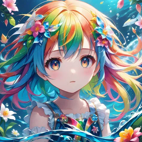 8k Wallpaper,grand,(((masterpiece))), (((best quality))), ((ultra-detailed)), (illustration), ((an extremely delicate and beautiful)),dynamic angle,rainbow hair,detailed cute anime face,((little girl)),(((masterpiece))),an extremely delicate and beautiful girl,flower,cry,water,corrugated,flowers tire,broken glass,(broken screen),atlantis,transparent glass