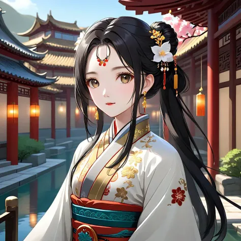 {{masterpiece}}, {best quality}, extremely detailed CG unity 8k wallpaper, highly detailed, extremely detailed, dramatic angle, {1girl:2}, {{solo}}, {full body:2}, {{{beautiful detailed eyes}}}, {{{beautiful detailed face}}}, {{{cute face}}}, {smile:1.3}, {black hair:5}, {{long hair}}, {{flowing hair:1.3}}, {{cone hair bun}}, {gorgeous hanfu:4}, {{black hanfu}}, {{hidden hand}}, Long sleeve, {{{sleeves past wrists}}}, {antlers:4}, {{gold hair stick}}, {{gold hair ornament}}, {{gold gorgeous necklace}}, {{gold lace}} , {{gold tassel}}, {{medium breast}}, {under water:2}, stream , {{wet}}, wet clothes, {{standing}}, ocean bottom, sea beds, beautiful and detailed bubbles, beautiful and detailed oceans, beautiful and detailed water, beautiful and detailed corals, gravels, {top-down light}, {dim light}, lighting, dream like benthos, transparent fish, Pearl, gemstone, seaweed
, palace, {{ancient Chinese cityscape}}, {{ancient Chinese palace}}, {east Asian architecture:1.2}