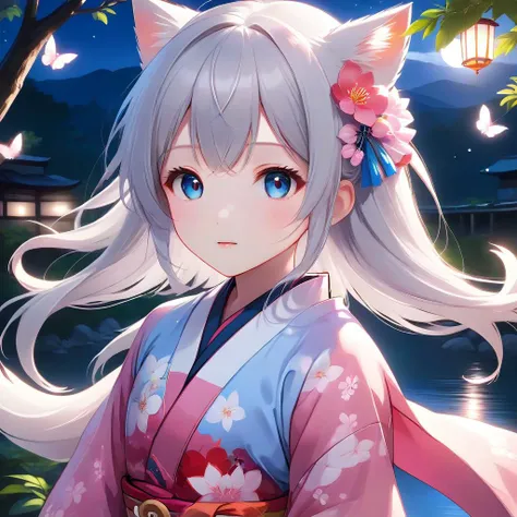 original, (masterpiece), (illustration), (extremely fine and beautiful), (perfect details), (unity CG 8K wallpaper:1.05), (beautiful and clear background:1.25), (depth of field:0.7), (1 cute girl with (2 fox ear:0.9) and (fox tail on the back:1.2) stands aside the river:1.15),child,little girl,yong,little girl face,(cute:1.3), (detailed beautiful eyes:1.3), (beautiful face:1.3), silver hair, silver ear, (pink hair:0.7), (pink ear:0.7), long hair, (japanese kimomo:1.25), (hair blowing with the wind:1.1), (blue eye:1.1), (little girl:1.1), butterflys flying around, (moon light:0.6), tree, (summer), (night:1.2), (close-up:0.35), (gloves:0.8), solo