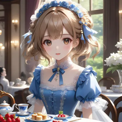 masterpiece, [(draft, (one girl:1.5))::0.5], [(at an afternoon tea party)], (medium shot:1.5), extremely detailed CG, (luxurious hair ornament), floating hair, [[graceful full dress:0.5]::0.8], top_sleeves, [delicate hands:0.8]