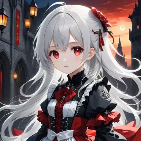 ((masterpiece))),(((best quality))),((ultra-detailed)),(illustration),(dynamic angle), ((floating)),(paint),((disheveled hair)), (solo),(1girl), little girl, small breast,(((detailed anima face))),((beautiful detailed face)),collar,(((gothic, little girlta_fashion, gothic_little girlta))), ((white hair)),((streaked hair)), beautiful detailed eyes,(red eyes), (((detailed castle))),(((high saturation))), ((best shadow)) ,((night,red moon,blood on face,blood on cloths,splash blood)),arms behind back ((young,little girl,cute,clear face))