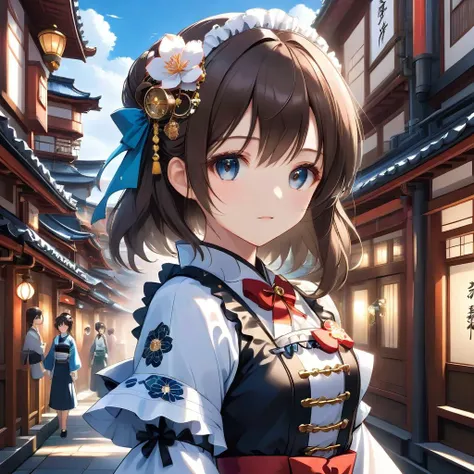 (extremely detailed CG unity 8k wallpaper),(masterpiece), (best quality), (ultra-detailed), (best illustration),(best shadow), (an extremely delicate and beautiful), dynamic angle, floating, finely detail, (bloom), (shine), glinting stars, classic, (painting), (sketch), Taisho steampunk, (steampunk:1.2) (1girl:1.7), (2020s), (cute face:1.3), anime face, ((solo)), beautiful detailed face, shiny hair, colorful clothes, (kimono), (Japanese maid), maid dress, maid headdress, hair flower, hair ornament, (Frill), Brass Pocket Watch, extremely delicate and beautiful girls, beautiful detailed eyes, cowboy shot, steam train, building architecture, (Japanese style architecture), (street:1.2)