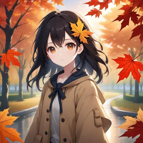 (((sunset))), flat color, Golden ratio, {masterpiece:1.5}, {extremely detailed CG unity 8k wallpaper:1.5}, {Grim expression:1.2}, {1girls:2}, {full body:1.8}, {cry, smile:1.8}, The wind blows the maple leaves, extremely detailed maple leaf, {extremely detailed eyes:1.5}, {extremely beautiful detailed anime face:1.5}, black hair, {cute animal face:1.5}, {extremely delicate and beautiful girls:1.4}, blue eyes,{glowing eyes, blank stare:1.5}, {backlight:2}, body is turning into maple leaves, {flowing maple leaf background:1.4}, {depth of field:2}, Red light, extremely detailed sky, clothes with maple leaf, {Maple tree background:1.5}, body with maple leaf , floating hair with maple leaf, looking at viewer, maple leaf forground, hair with maple leaf, {flowing hair:1.2}, The picture fills the canvas, {flowing:1.2}, dynamic angle