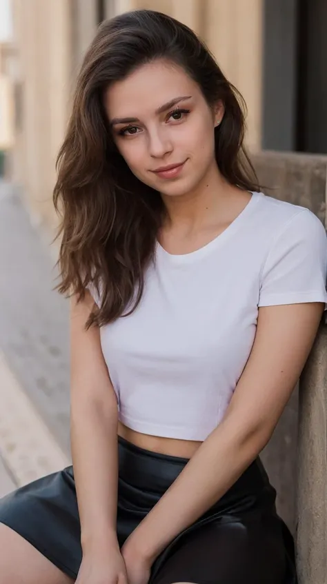 Femme Arafed en T-shirt blanc et collier, fille sexy aux yeux bleu, portrait , cheveux bruns, selfie d'une jeune femme, violette myers, pas de maquillage, maquillage naturel, regarder directement la caméra, Visage avec Artgram, maquillage fin, Superbe plan complet, yeux verts perçants, Bel angle, pose attrayante, douce fille, pose sexy, Image pleine longueur, complet - corps, Prise de vue du corps entier, déesse brune, Détails élevés, Posture satisfaite, Pantalon en cuir