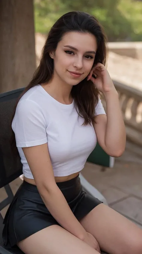 epiCPhoto, ShurjokaTI, <lora:Shurjoka:0.95>, (portrait), petite, sitting outside, skirt, leggings, white t-shirt