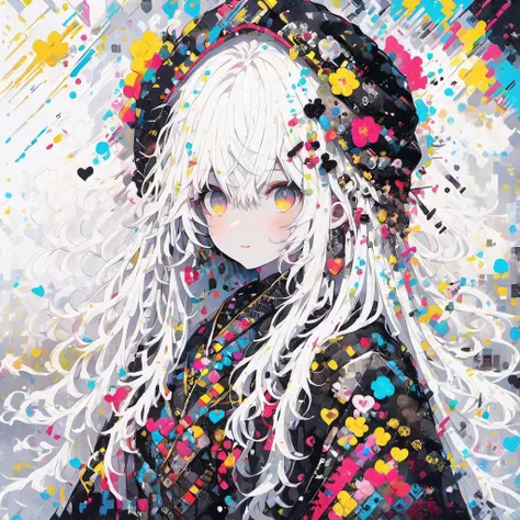 <lora:mixed_patterns_of_text_and_emoji-000015:1>1 white hair girl