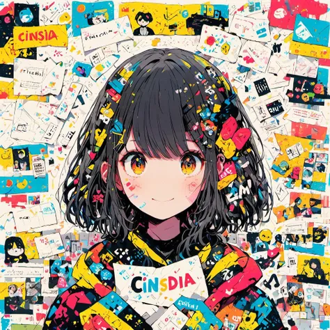 A girl holding up a piece of paper with Cinsdia written on it  <lora:mixed_patterns_of_text_and_emoji-000015:1>