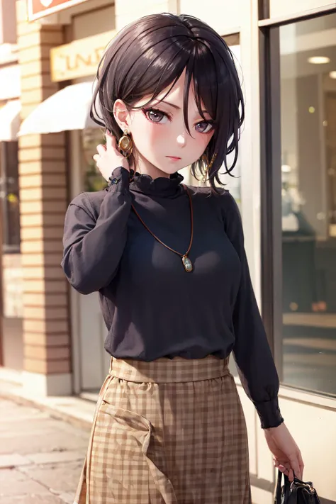 (masterpiece, best quality:1.2), <lora:bangdream_yashio-10:0.8>, cowboy shot, solo, 1girl, yashio rui, expressionless, closed mouth, looking at viewer, hand in own hair, black sweater, plaid skirt, jewelry, earrings, necklace