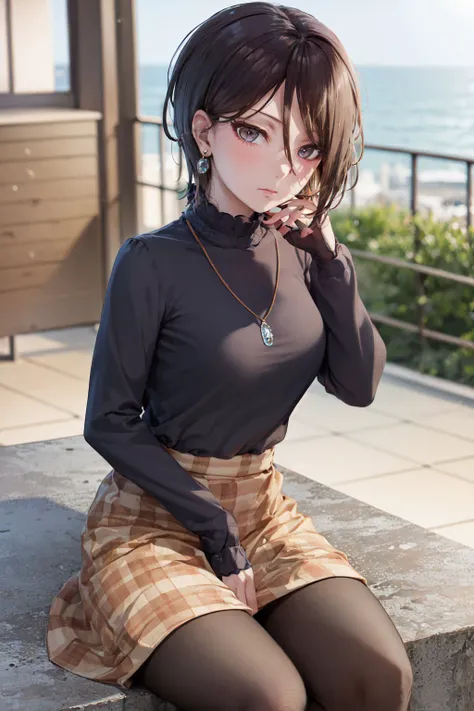 (masterpiece, best quality:1.2), <lora:bangdream_yashio-10:0.9>, solo, 1girl, yashio rui, expressionless, closed mouth, looking at viewer, sitting, black sweater, plaid skirt, pantyhose, jewelry, earrings, necklace