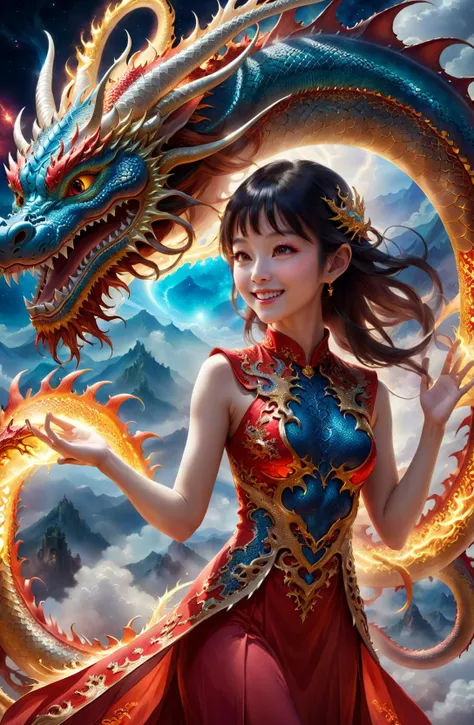 amazing quality, masterpiece, best quality, hyper detailed, ultra detailed, UHD, DOF, depth of field, HDR, perfect anatomy
close up, dragon head portrait, (white hybrid gold) dragon, soaring through the clouds and mist, over the cloud,( sunny:1.2), mystical sky,
a girl standing with a dragon, touch the dragon, (stylish pose:1.2), joyful, hope light, background light, (caress:1.4),
outstretched arm, outstretched hand, looking at viewer, smile, beaming, wearing red cheongsam, hug the dragon,
glowing, dazzling, shine, translucent, long skit, long hair, wing blow, (sparking, light particles:1.2),
<lora:add-detail-xl:0.75>,
<lora:DTStyle:0.6> DTstyle,
<lora:EnvyBetterHiresFixXL01:1.0>,
<lora:extremely_detailed:1.2>, extremely detailed,
<lora:3dqinglong_xl:0.55>, qinglong, dragon,
<lora:dragon_trip:0.8> psychedelic trip, magical,enchanted, ferocious dragon,
SK_Fantasy,