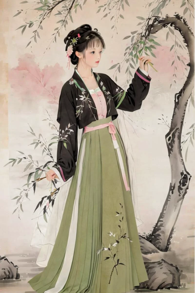 traditional chinese ink painting,willow branches,willow tree in background,black and white ink painting, 1girl, (hanfu, song style outfits, pink long shan, green pleated skirt, white songmo),<lora:hanfuSong_v40_M_SDXL:0.6>