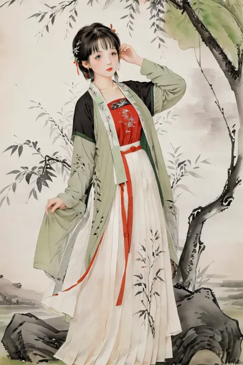 traditional chinese ink painting,willow branches,willow tree in background,black and white ink painting, 1girl, (hanfu, song style outfits, green short shan, white pleated skirt, red songmo),<lora:hanfuSong_v40_M_SDXL:0.6>