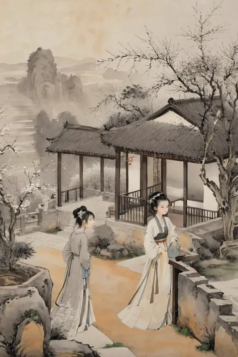 traditional chinese ink painting, black and white in kpainting, white ink painting, path, Ancient Chinese Mansions, fences, 1girl wearing hanfu,<lora:hanfuSong_v40_M_SDXL:0.5>