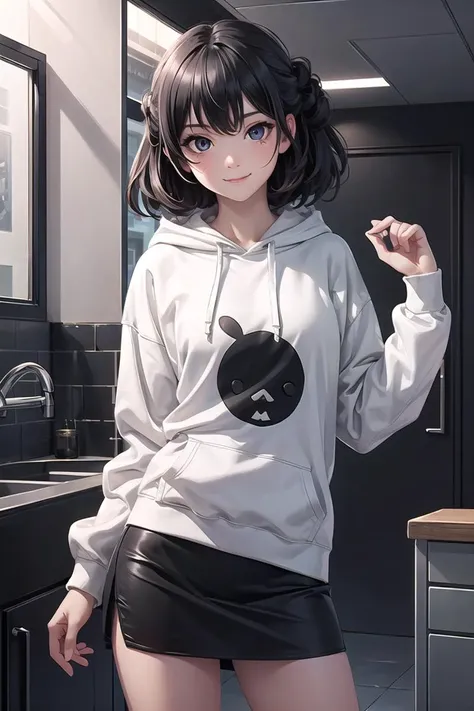 best quality, high detail, (detailed face), detailed eyes,((best quality, masterpiece)), (looking at viewer), (wavy hair:0.8), 1girl, (upper body:0.85), (black theme:1.2), {indoors|outdoors}, dark eyes, dark hair, {long hair|medium hair|short hair|updo}, hoodie, (tight skirt:1.2), ({happy face|peaceful face|shy face|curious face}),<lora:more_details:0.3> <lyco:GPTS4 dreamwave full_478773:0.3> <lyco:GoodHands-beta2:0.8>