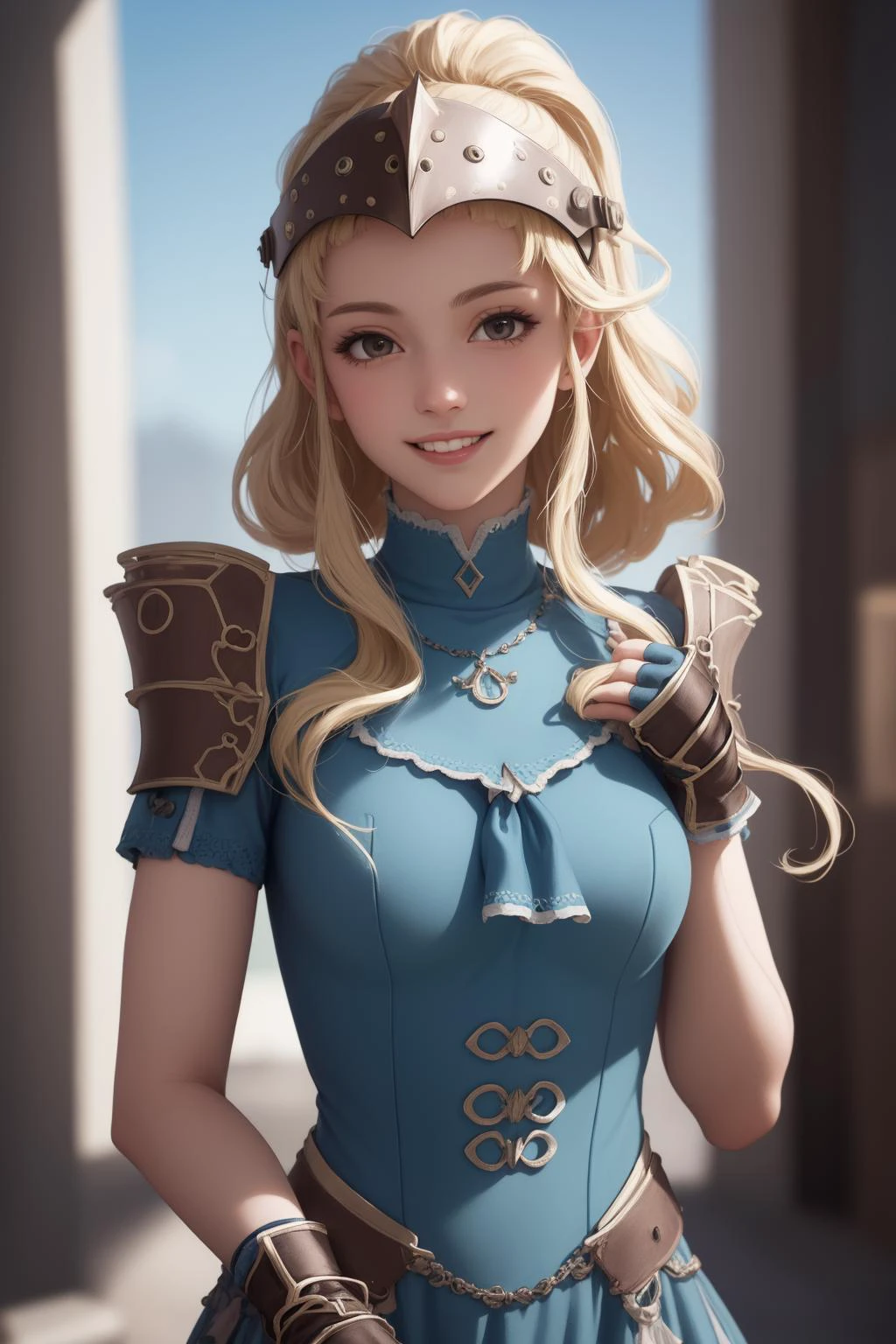 masterpiece, best quality, clair, helmet, blue dress, shoulder armor, gloves, upper body, looking at viewer, smile <lora:clair-nvwls-v1-final:0.9> fcPortrait
