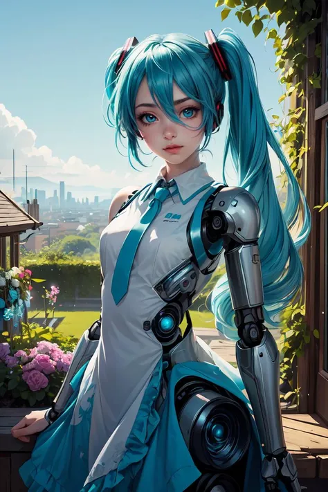 (masterpiece, best quality:1.4), high detail, detailed background,dramatic lighting, 1girl, cute, (vocaloid), ((Hatsune Miku)), ((blue teal hair)), (long hair), (pastel colors:0.9), (blue beautiful eyes), (gradient hair), (gradient eyes), (((masterpiece, best quality, volumetric lighting, dynamic pose, intricately detailed face))), ((perfect eyes)), (((looking at the viewer))), ((summer)), ((perfect details)), ((light particles)), ((scenery)), ((Garden)), ((illustration, aesthetic)), flowers covering one eye, ((robotic dress)),<lora:more_details:0.3> ,<lora:GoodHands-beta2:1>, <lora:GPTS4 dreamwave full_478773:0.4>