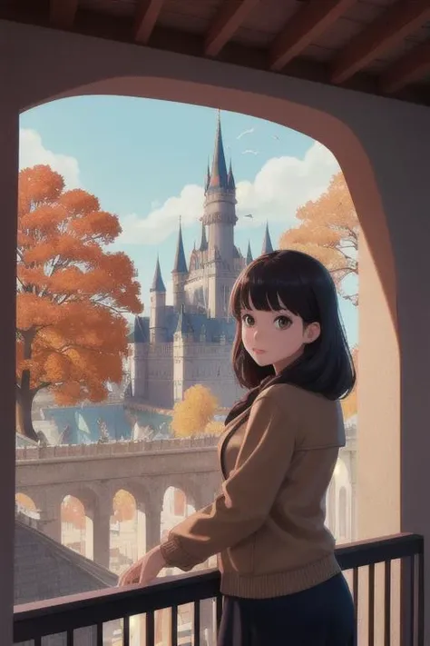 1girl, on balcony, looking at viewer, a castle in the distance, bird eyes view, autumn, architecture, birds, people, scenery, towers, trees, sunny, day, far away view, Direct light, Selective focus, ((illustration)), perfect details, light particles, chromatic aberration, masterpiece, best quality, absurdres, highest quality, amazing details, hyper detail, dramatic light, intricate details