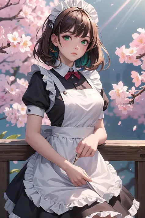 (masterpiece, best quality:1.4), high detail, detailed background,dramatic lighting, 1girl, brown hair, multicolored hair, green eyes, maid, maid headdress, maid apron, cherry blossoms, sunbeam, wallpaper, <lyco:GoodHands-beta2:0.8> <lora:more_details:0.3> <lyco:GPTS4 dreamwave full_478773:0.3>