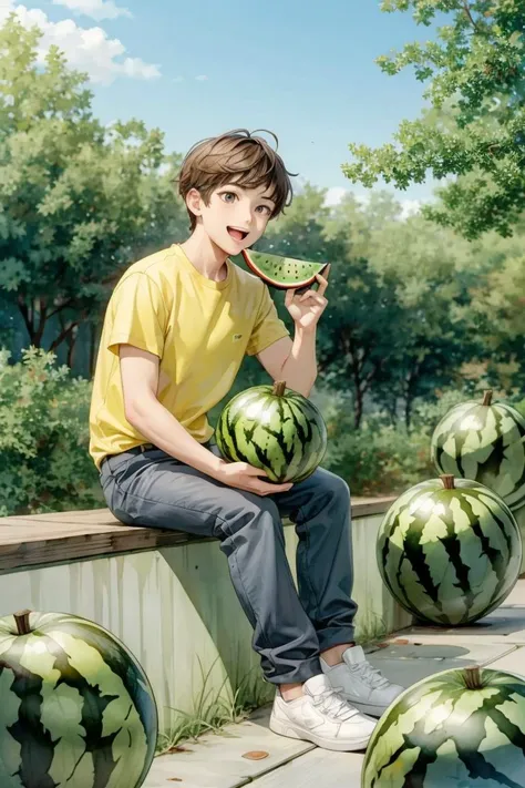 masterpiece, best quality, 1boy, solo,eating,holding watermelon, male focus,yellow shirt, brown hair, shirt, pants, holding, open mouth, sitting, smile, short sleeves, white footwear,sky,forest, dog,<lyco:GoodHands-beta2:1.0> <lora:more_details:0.3>, <lora:shuicai_v1:0.7> (more Cut Watermelon:1.2),