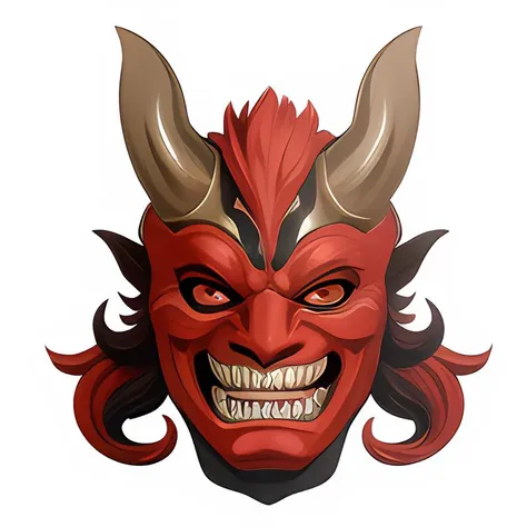 Japanese mask,horns,solo,no humans,red eyes,solo,colored sclera,horns,black background,mask,simple background,looking at viewer,teeth,black sclera,monster,High definition,adding details,high quality,