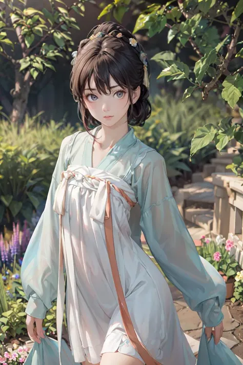 high detail, (detailed face), detailed eyes,((best quality, masterpiece)), beautiful and aesthetic, perfect lighting,Cowboy Shot, hyperrealism,dramatic lighting,<lyco:GoodHands-beta2:1.3>, 1girl, solo, looking at viewer,cute delicate face, sharp focus, hanfu,girlface, stunning innocent symmetry face, slim waist, slim legs,<lora:tangStyle26:0.8>, <lora:more_details:0.3>,stylish pose, garden background