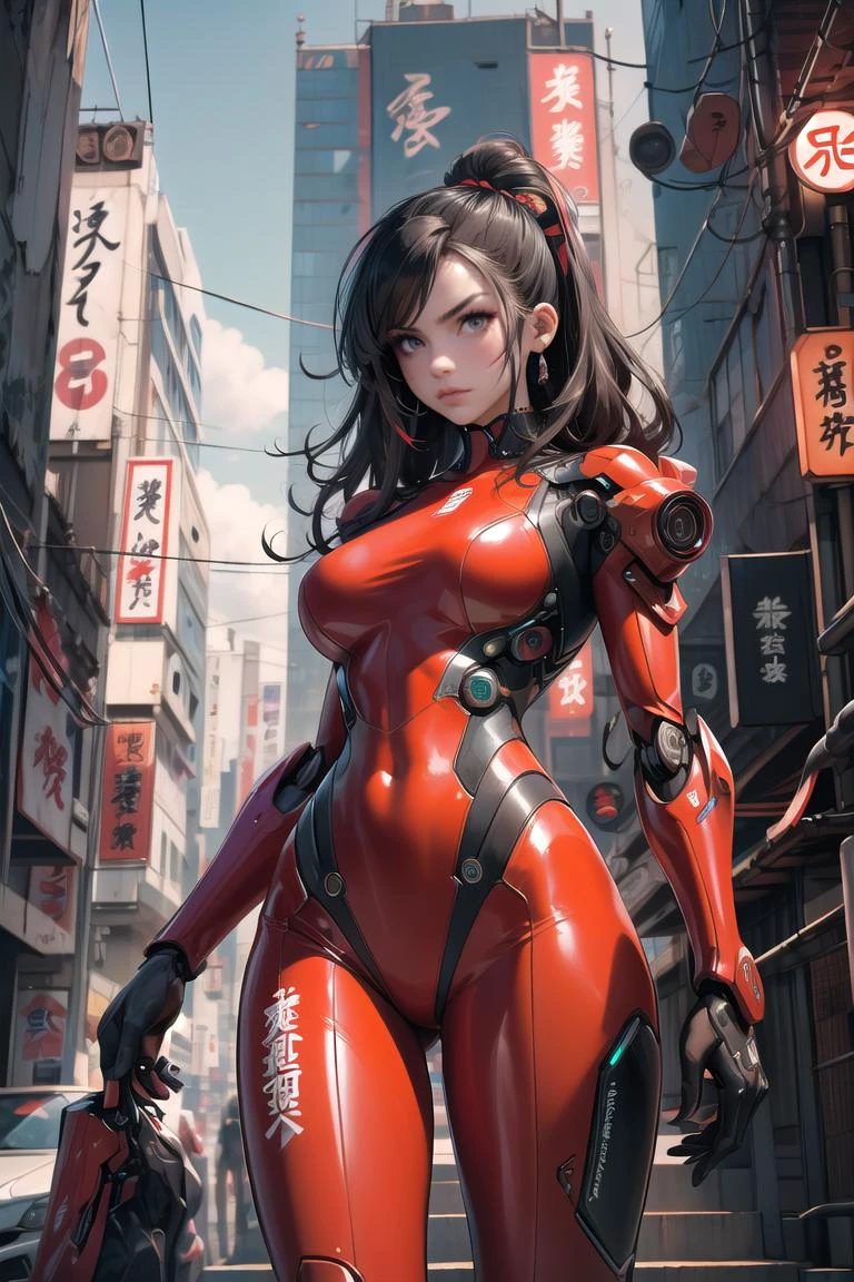 masterpiece,best quality,high quality, <lyco:GoodHands-beta2:1.0>,female, woman, cyberpunk scene, woman criminal, dangerous (yakuza:1.2) enforcer wearing red mecha bodysuit armor, neon red sun, bule sky, <lora:MG_jixie:0.7>,<lora:more_details:0.3>