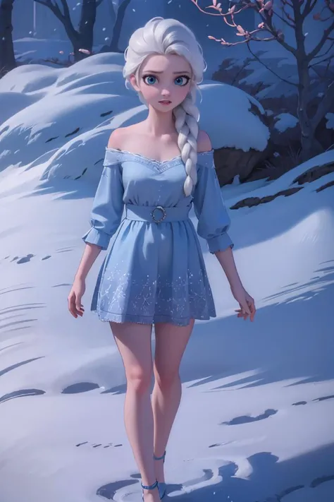 realistic,realism,photorealism,photo-realistic,high contrast,(photorealistic:1.2),8k high definition detailed realistic,(best quality, masterpiece:1.2),photon mapping,radiosity,physically-based rendering,best quality,highly detailed,1girl,felsa,white hair,blue eyes,single braid,hair over shoulder,full body,blue dress,snow,blue theme,<lora:elsav3:0.8>,