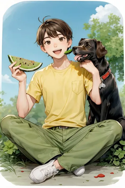 masterpiece, best quality, 1boy, solo,eating,holding watermelon, (more Cut Watermelon:1.2), male focus,yellow shirt, brown hair, shirt, pants, holding, open mouth, sitting, smile, short sleeves, white footwear,sky,forest, dog,<lyco:GoodHands-beta2:1.0> <lora:more_details:0.3>, <lora:shuicai_v1:0.7>