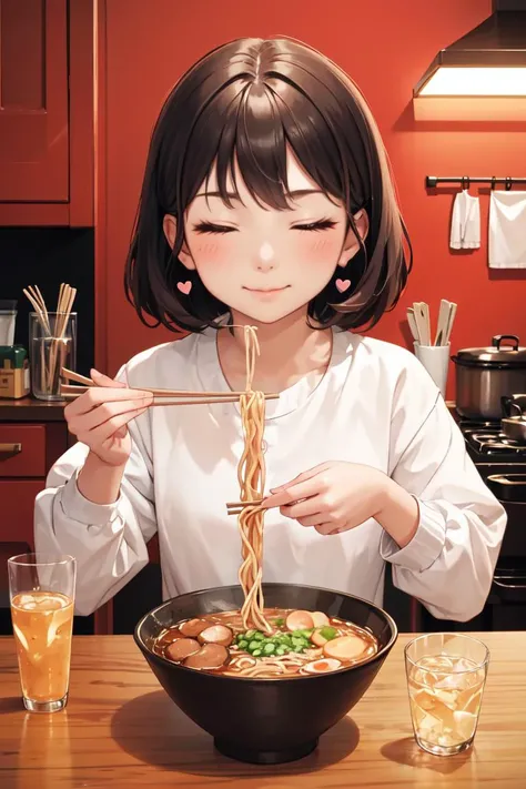 (masterpiece, best quality), 1girl, solo, cute face, kawaii, ramen, chopsticks, drinking glass, eating, heart, happy, closed eyes, closed mouth, <lora:ramen_v1.4:1>, kitchen,