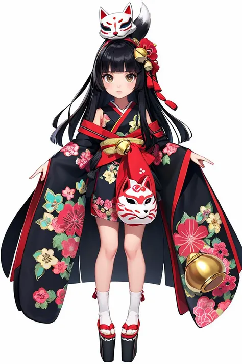Concept art,Japanese two-dimensional style,game character design,1girl,solo,long hair,black hair,full body,japanese clothes,very long hair,white background,tabi,mask,looking at viewer,simple background,wide sleeves,skirt,kimono,platform footwear,standing,socks,geta,bangs,floral print,sash,bell,hair ornament,detached sleeves,fox mask,mask on head,white socks,blunt bangs,obi,<lora:erciyuanV4:0.8>,chibi,