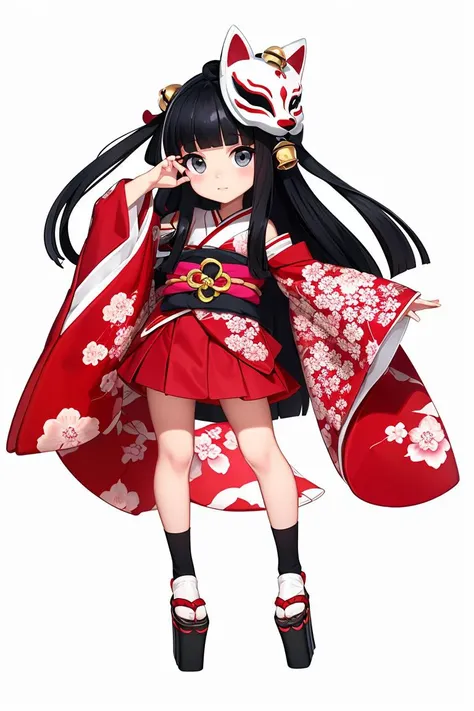 Concept art,Japanese two-dimensional style,game character design,1girl,solo,long hair,black hair,full body,japanese clothes,very long hair,white background,tabi,mask,looking at viewer,simple background,wide sleeves,skirt,kimono,platform footwear,standing,socks,geta,bangs,floral print,sash,bell,hair ornament,detached sleeves,fox mask,mask on head,white socks,blunt bangs,obi,<lora:erciyuanV4:0.8>,chibi,