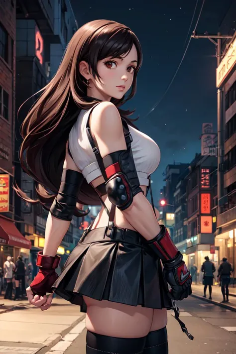 cowboy shot ,realistic, best quality, masterpiece, realistic ,<lora:more_details:0.3>,<lyco:GoodHands-beta2:1>, 7rtifa, crop top, arm guards, fingerless gloves, suspenders, pleated miniskirt, black thighhighs, fist, from side, looking at viewer, dystopian city, city street, night <lora:tifa-nvwls-v1:0.8>