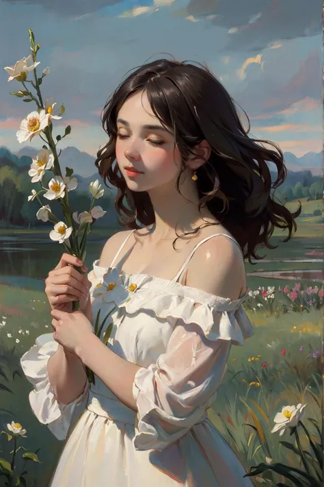 OIL PAINTING,IMPRESSIONISM,(masterpiece, best quality, ultra-detailed, best shadow),(detailed background),realistic ,(Rembrandt),1girl, solo, flower, dress, long hair, closed eyes, black hair, white dress, holding flower, field, holding, outdoors, grass, realistic, bare shoulders, <lyco:oil_painting:0.6>