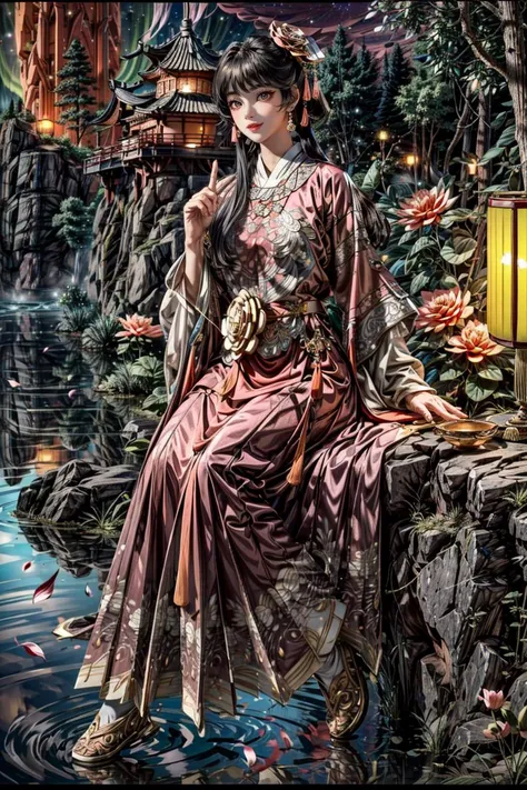 <(best quality, extremery best quality, masterpiece:1.4), (realistic, intricate details:1.4), (photorealistic:1.4), (extremely intricate:1.4), highres, ultra highres, ultra detailed, ultra-detailed, absurdres, incredibly absurdres, extremely detailed, high quality, high resolution, hyperrealistic, ultra-realistic, hyper-detailed, top quality, best, fine detail, massive detail, Highly detailed, extreme detailed, highest detailed, high-res, absolutely resolution, reflection, (refraction:1.4), (hyperrealism:1.4)>, BREAK, (1girl:1.3), solo, looking at viewer, (young cute beautiful 18-year-old girl:1.4), 3d face, (hand of Guido Daniele:1.4), beautiful girl, Beautiful face, pretty, girlface, kpop idol, supermodel, stunning innocent symmetry face, perfect body, medium breast, slim waist, slim legs, (high detailed skin:1.5), glowing eyes, goddess, natural skin texture, shiny skin, White skin, Beautiful detailed face, detailed face, real skin texture, cute delicate face, finely detailed face, golden ratio, golden ratio face, expressive eyes, perfect face, perfect skin, flawless face, clear face, shiny hair, pale skin, Proper body proportion, perfect anatomy, realistic skin texture, luscious lips, glossy lips, natural makeup, beautiful bright pupils, slender figure, intricate eyes, detailed pupils, detailed face and eyes, longeyelashes, blush, good hand, perfect hands, pretty face, beautiful female bodies, finely detailed skin, oily shiny skin, clean facial features, an extremely delicate and beautiful, cute & girly, beautiful detailed eyes, stars in the eyes, detailed simmetric eyes, perfect smooth skin texture, BREAK, (((((standing, (white/blue/red/black/green/pink/yellow chinese shirt),(white/blue/red/black/green/pink/yellow chinese long skirt), (dancing, smile, Pink hair, Pink eye, long hair, Pink eyelashes, Pink lips, Pink lip colour, Eyes glowing Pink, flat bangs, happy expression), (lotus, hair ornament, water, dancing with butterfly, chinese traditional architecture, in the garden, floral background, brilliant colors, long_hair, nail_polish, jewelry, ancient art, chinese style), (night, Night time, moon light, sky, landscape, aurora borealis, stars, outdoors, Chinese, Pink fireworks, Sakura tree background:1.4), (lake background, mountains, full moon background, night lake shore, river, forest, chinese style countryard, lanterns, pond, cobblestone pathway, building pavilion, chinese buildings, moutains, misty lake, ancient chinese background, puddle, after the rain, petals falling, wet grass and trees, flower sea, in a meadow, waterfall, breeze, flying splashes, flying petals, leaves, bloom, bloom effect, surrounded by heavy floating petal flow, petal, Pink butterfly, flower, detailed beautiful grassland with petal, flowers, plants, Pink rose, many Pink roses, leaves falling from the tree, dust is drifting, ethereal, scenery, nature, mysterious background:1.4), (iridescent colors, Iridescence, blush, mysterious, fantasy background, fantasy, open mouth:1.2), (fog, wind:1.2), (Luminescent Particles:1.3), (fullbody:1.2), (eye focus, face focus, character focus, close-up face:1.2), (dutch angle, cowboy shot:1.3), colorful refraction)))), BREAK, <watercolor, available light, detailed light, volumetric fog, beautiful lighting, Rembrandt lighting, Cinematic, pixel art, game art, key visual, surreal, PBR Texturing, Anisotropic Filtering, Maximum Clarity And Sharpness, Albedo And Specular Maps, Multi-Layered Textures, Surface Shading, Sub-Pixel Convolution, Sub-Pixel Convolution, Accurate Simulation Of Light-Material Interaction, blurry foreground, broad light, volumetric light effect, matte painting, perfectly defined features, volumetric lighting, Tone Mapping, Lumen Reflections, Global illumination, Ray Tracing, Screen Space Global Illumination, Accent Lighting, 32k, Natural Lighting, volumetric, cinematic masterpiece, Rule of thirds, high dynamic range, Multi-exposure HDR capture, cinematic render, game cg cinematic, atmospheric perspective, scene, epic dynamic frame, motion blur, ((cinematic look, Film look)), rim light, 4k textures, adobe lightroom, photolab, insane details, hyperdetailed, exposure blend, professional color grading, professional color correction, aerial perspective, particles and dust in beams of light, cinematic scene, dynamic lighting, sharp details, lomography, soft focus, light leaks, bold hues, atmospheric depth, (explosive light and shadow:1.2), aesthetics, intricate designs, ultra realistic digital art, (zentangle, mandala, tangle, entangle), (fractal art), elegant, vivid colours, floating particles, particles, dramatic, epic, (ink drawing, oil painting detailed), (dramatic lighting:1.2), RAW, huge filesize, extremery detailed CG, Photo, 8k uhd, cinematic atmosphere, trending on artstation, award-winning glamour photograph, highly detailed photo, official art, beautiful and aesthetic, unity 8k wallpaper, beautiful, highly detailed CG illustration, best illustration, intricate, Amazing, emotional, analog, painting, digital painting, concept art, Oil Painting, illustration, Classical art, Renaissance, Romanticism, Neoclassicism, Color Palette, depth and contrast, Vibrant colors, saturated, rich saturation, color harmony, vivid palette, concept-art, design style, detail character, concept render, colorful, analog photography, dreamy atmosphere, specular highlights, atmospheric lighting, (dynamic angle, dynamic pose :1.3), (shiny, clothes reflecting light, lens flare, bloom effect, light particle, lens glare:1.3), realistic lighting, cinematic light, (cinematic lighting), light in the face, soft lighting, saturated colors, detailed background, sharp focus, 8k high definition, perspective, Master Composition, roughness, post-processing, soft shadows, realistic shadows, ambient occlusion, ray-tracing, subsurface scattering, photon mapping, physically-based rendering, octane rendering, unreal engine 5, ue5 rendering, Adobe After FX, dslr, RTX, Best character details, radiosity, sharp, antialiased, RAW photo, HDR, 8k, 4k, (((Photographed by Roger Deakins, using a RED Monstro 8K VV camera and a series of high-end lenses))), ((Hasselblad photography)), (film grain:1.4), Kodak portra 400, ((Fujifilm X-T5)), professional photograph, depth of field, caustics, Broad lighting, diffuse lighting, rim lighting, two tone lighting, textile details, visible pores, high resolution scan, professionally color graded, photographic reality, automatic white balance, best lighting, detailed shadow, high contrast, strong light and shadow>, (PureErosFace_V1:0.5), (ulzzang-6500:1), <lora:epiNoiseoffset_v3:2>, <lora:add_detail:2>, <lora:hipoly_3dcg_v7-epoch-000012:0.6>, <lora:zhongfenghuaxiyou-000018:0.2>, zhongfenghua, <lora:hanfu_ming:0.8>